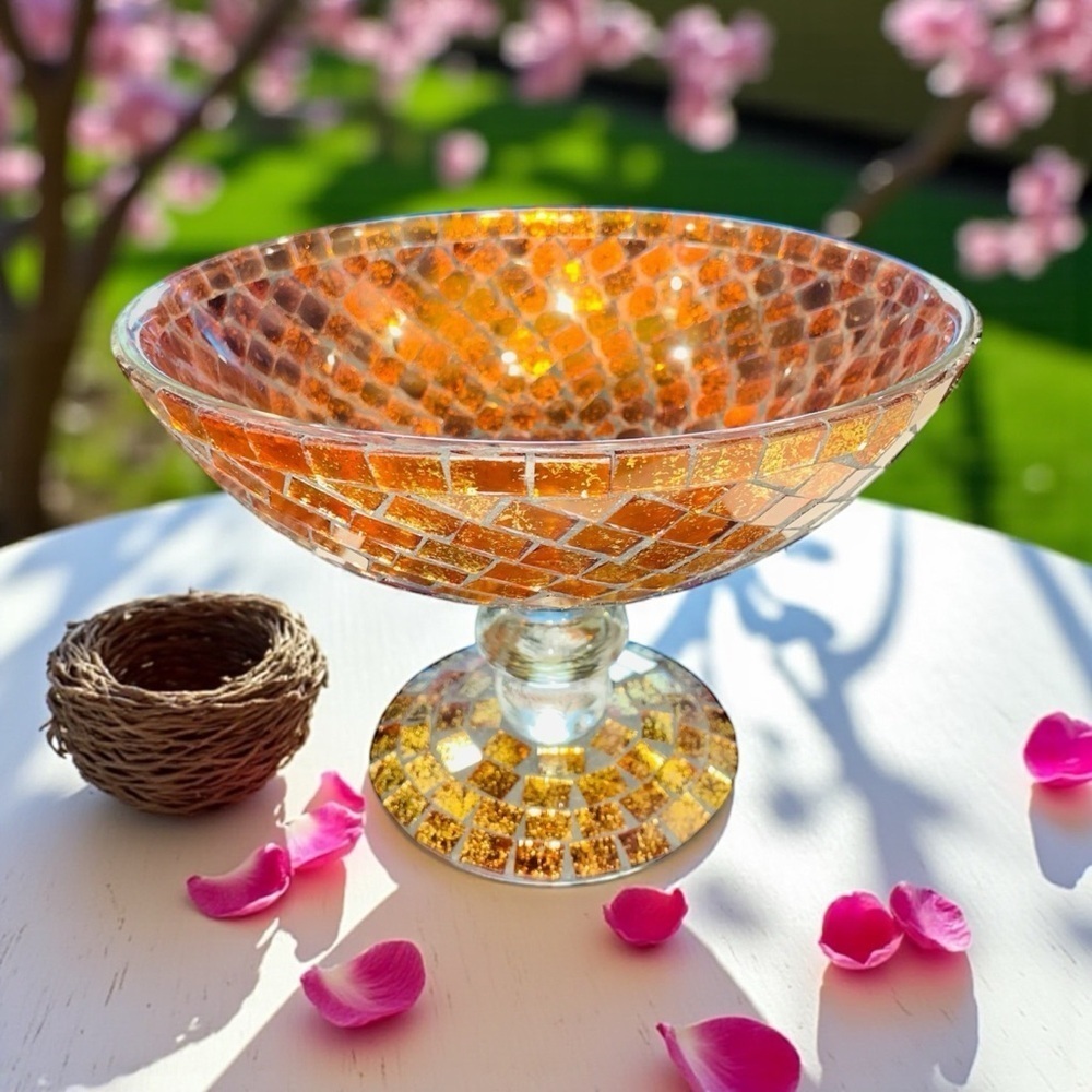 Vintage Mosaic Glass Pedestal Bowl: Copper, Gold, and Brown Retro Decor 6”x9”